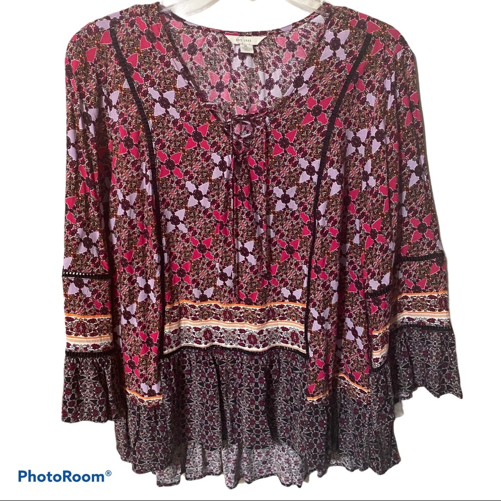 EST 1946 boho 3/4 bell sleeve high/low blouse